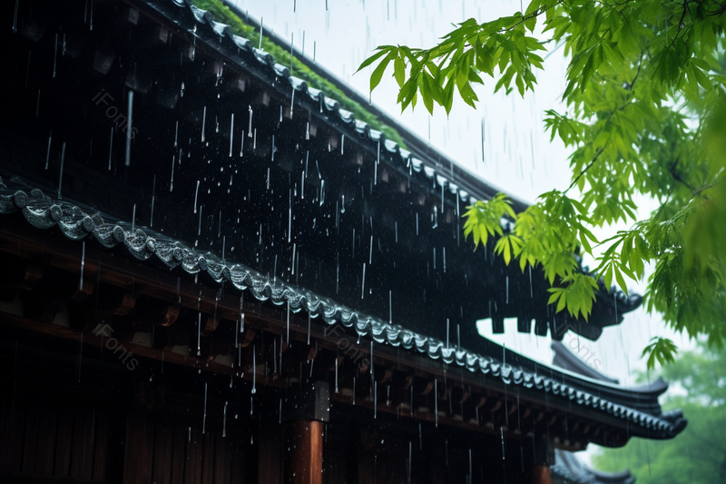 绿色树叶春雨下的古建筑的房檐清新的空气,高清,摄影图,摄影图片,图片大全,摄影图免费下载